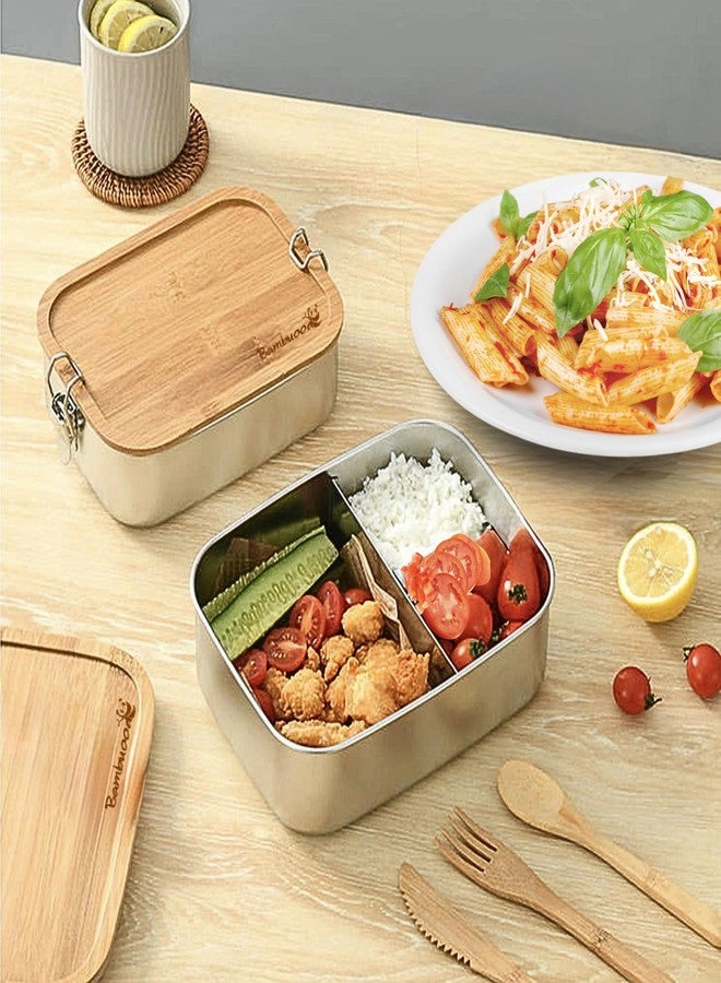 Bambuood Premium Stainless Steel Bento Lunch Box. Eco-Friendly Meal Storage, Food Container With 100% Leak-Proof Bamboo Lid. For Adults, Work, Travel Use. Free Bamboo Cutlery. LARGE (41 oz) - Image 1